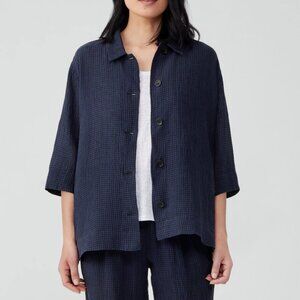 Eileen Fisher Blue/Black Puckered Organic Linen Shirt Jacket - Women's 3X